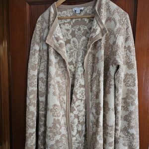 Isaac Mizrahi Tan Floral Open Cardigan Tight Knit Loose Fit Sz Xl